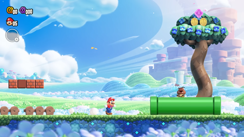 Mario running towards a pipe with a Goomba on in Super Mario Wonder