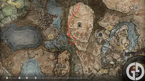 Map showing the solution location for "The Sacred Tower" in Elden Ring Shadow of the Erdtree