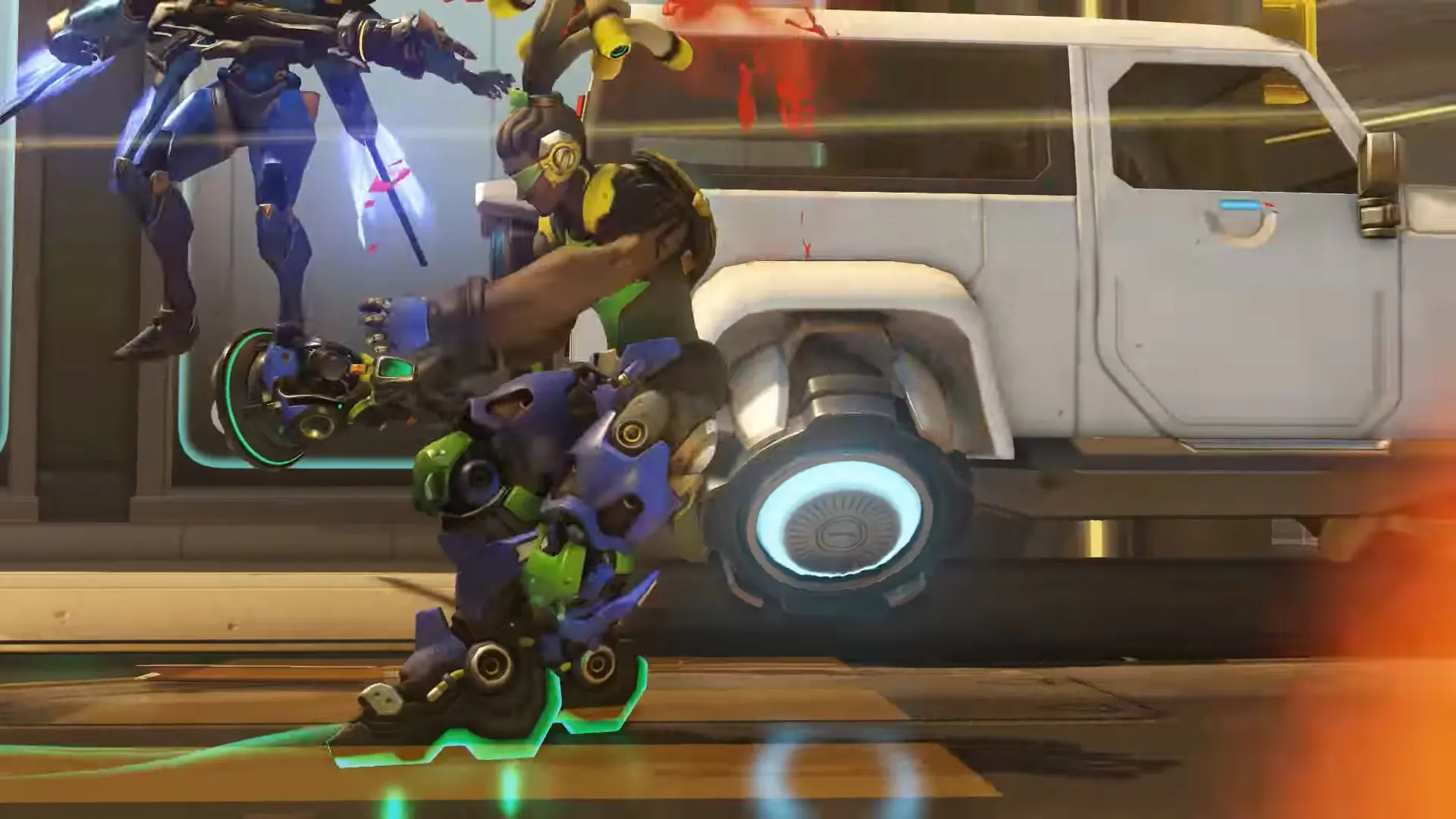 Lucio skating backwards through a team fight