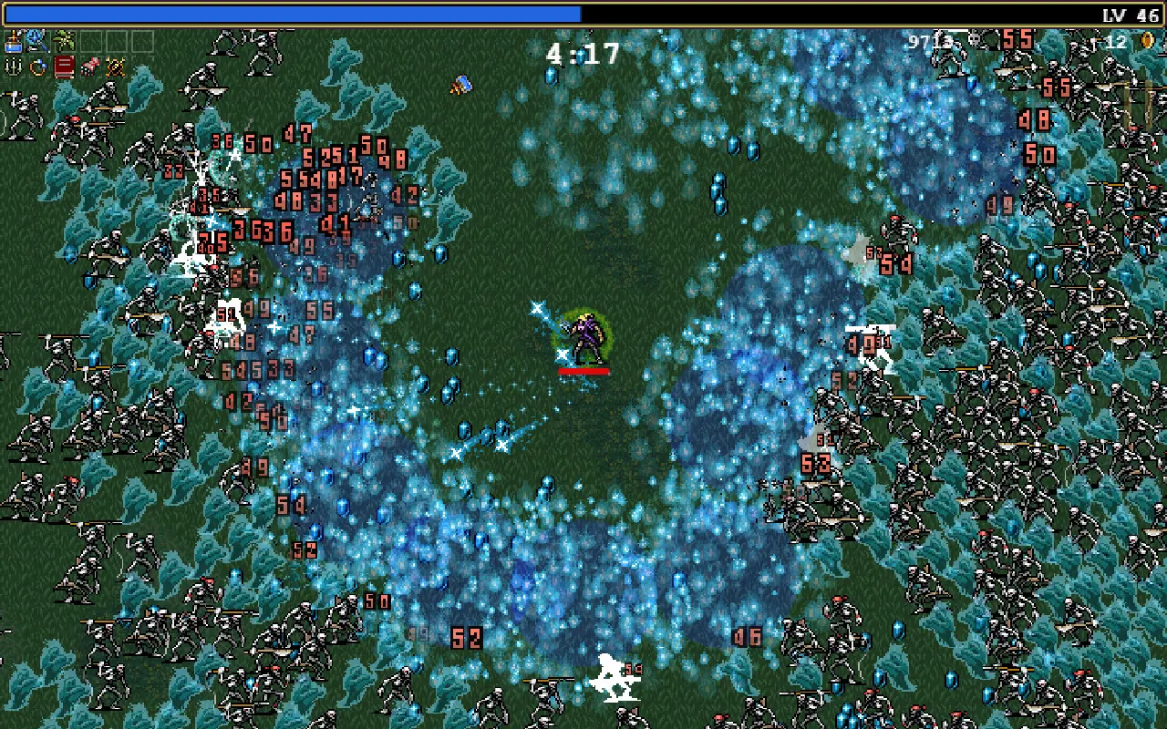 Screenshot of a wave of monsters in Vampire Survivors