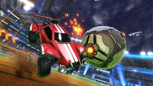 A Rocket League car intercepting the ball