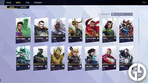 Marvel Rivals hero roster screen