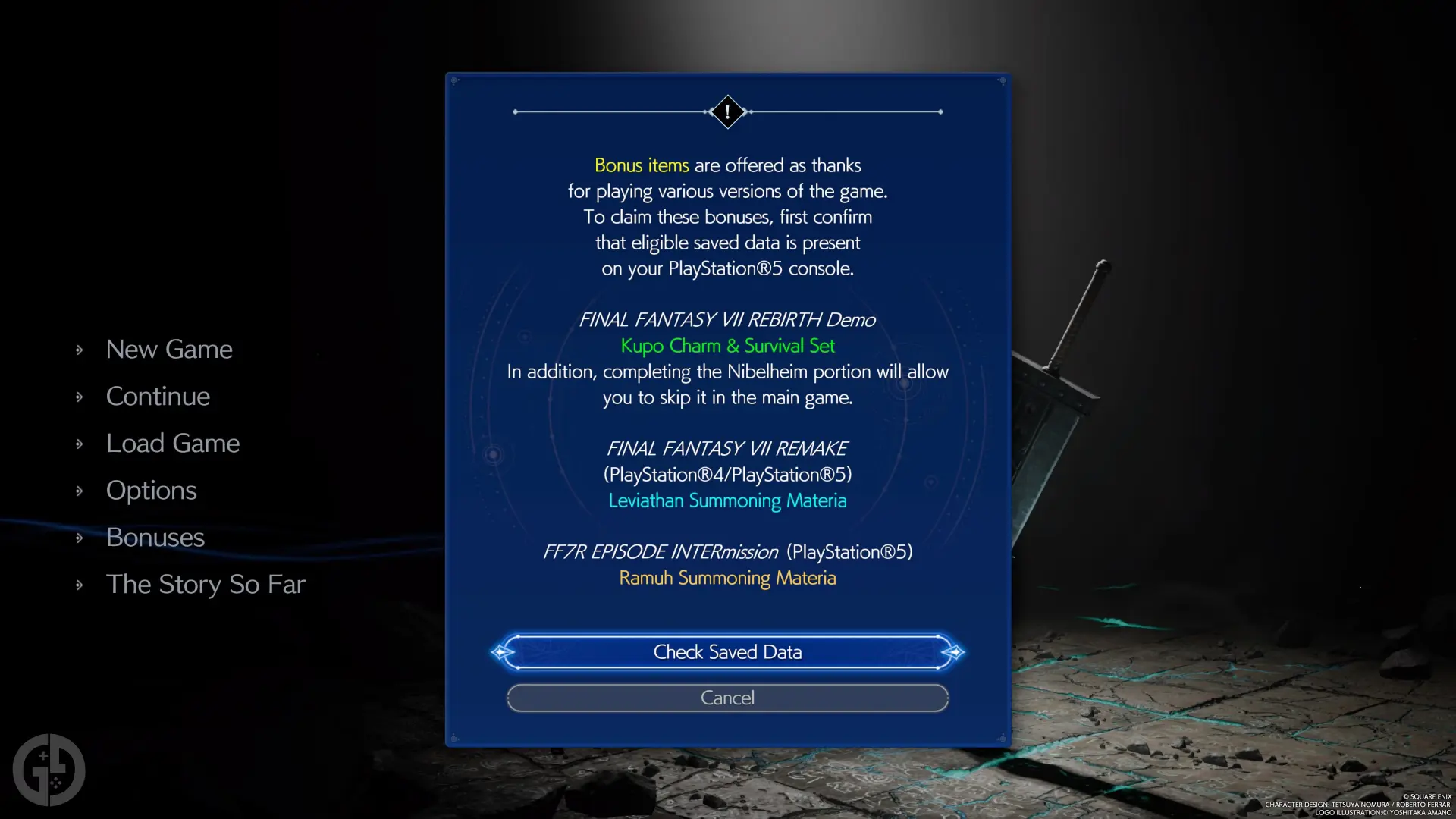 The "Check Saved Data" screen in FF7 Rebirth