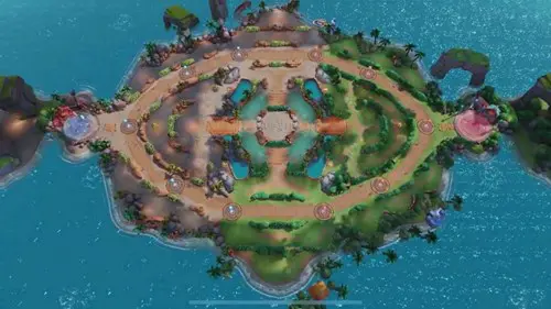 A top down view of the Pokemon UNITE map