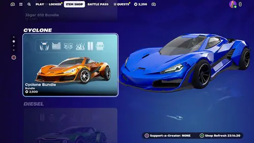 A car in the Fortnite Rocket Racing shop