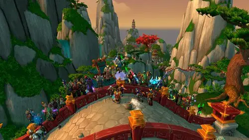 A lot of World of Warcraft players standing on a bridge together