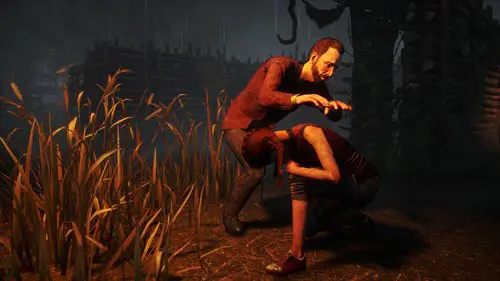 Nicolas Cage heals Meg Thomas near a Hook in Dead by Daylight