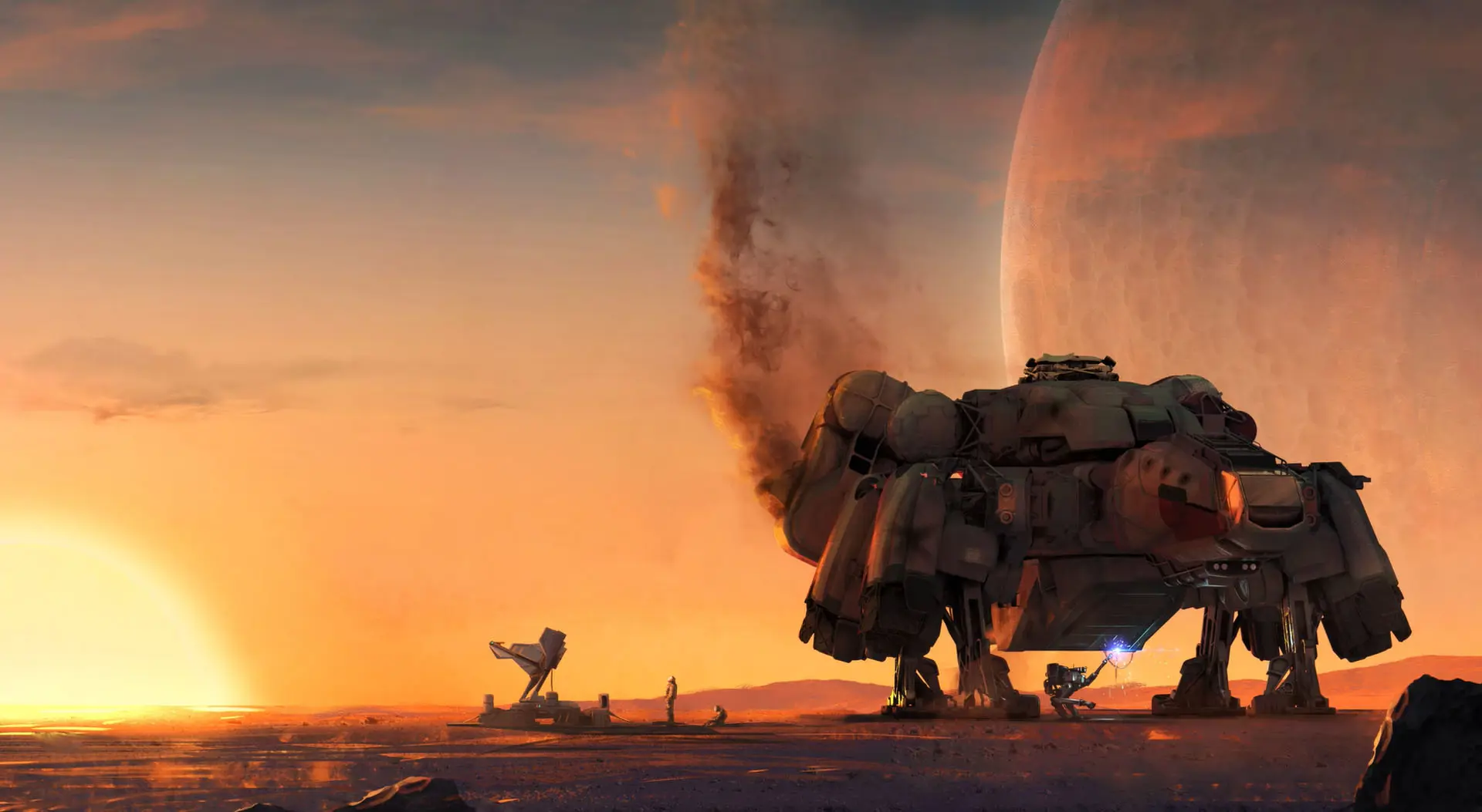 Starfield concept art showing off a damaged ship as the sun sets behind it.