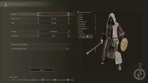 Screenshot showing Astrologer build stats in Elden Ring