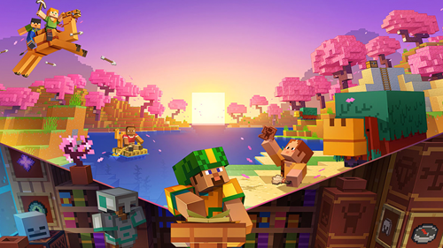 Key art for the latest Minecraft update, featuring the new cherry blossom trees and Sniffer mobs.