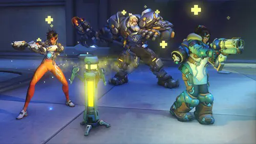 Key art of Tracer, Reinhardt, and Mei being healed in Overwatch 2