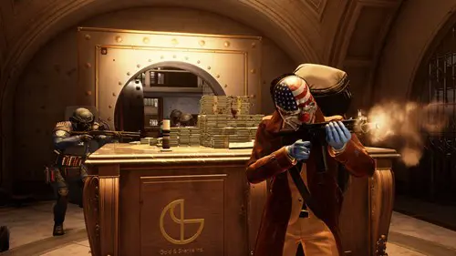 A typical heist in PAYDAY 3 with Dallas firing and police trying to save the money