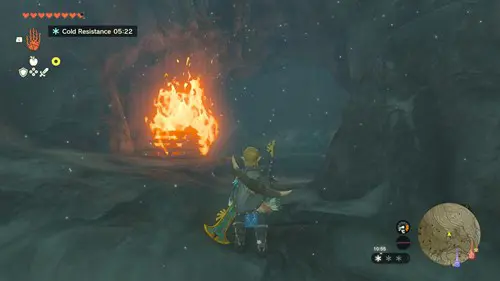 Screenshot of the Hebra South Summit Cave entrance in Zelda: Tears of the Kingdom