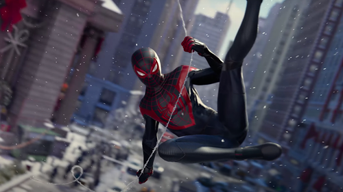 Miles swinging through New York in Spider-Man: Miles Morales.