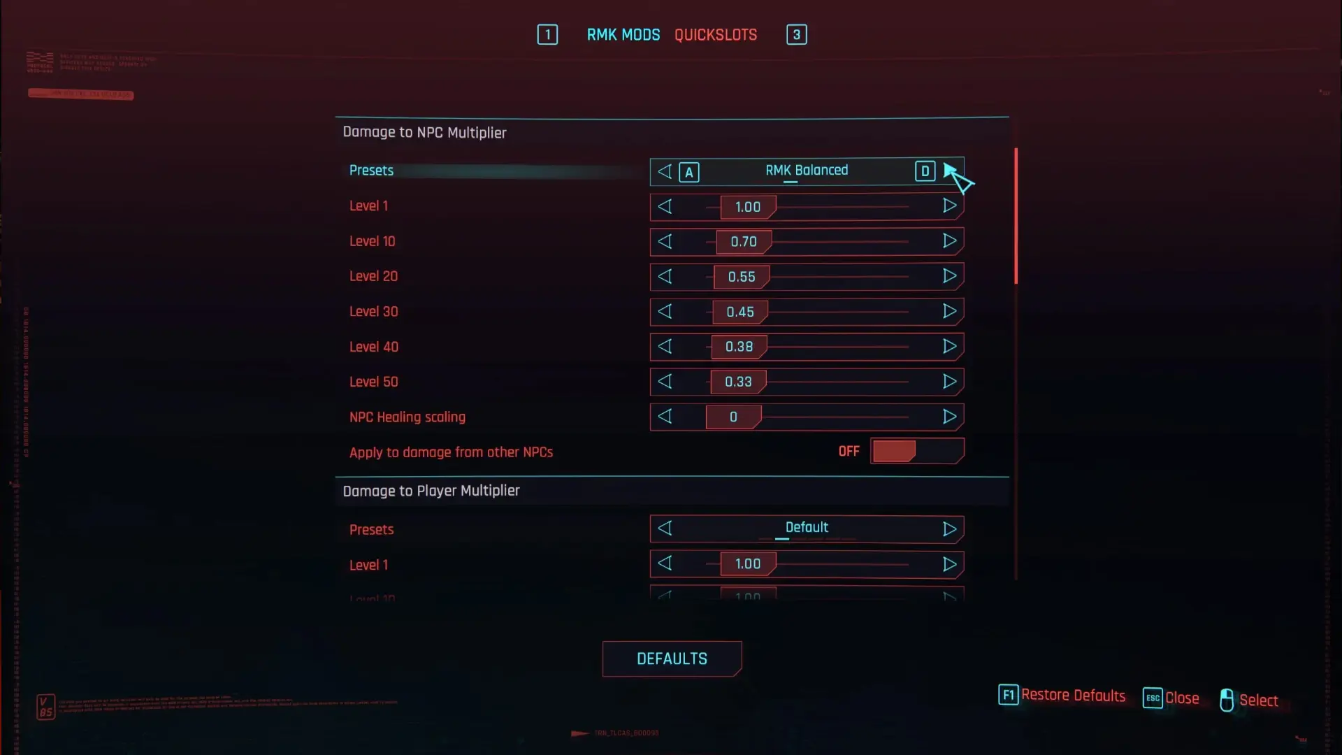 The level scaling mod menu for Cyberpunk 2077