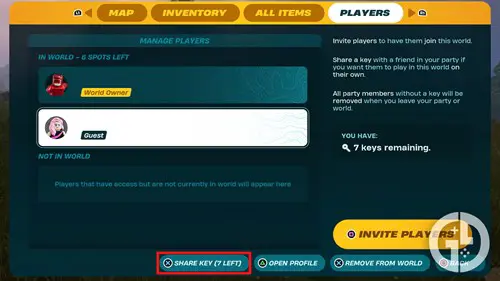 The Player menu in LEGO Fortnite where you can give keys to your world