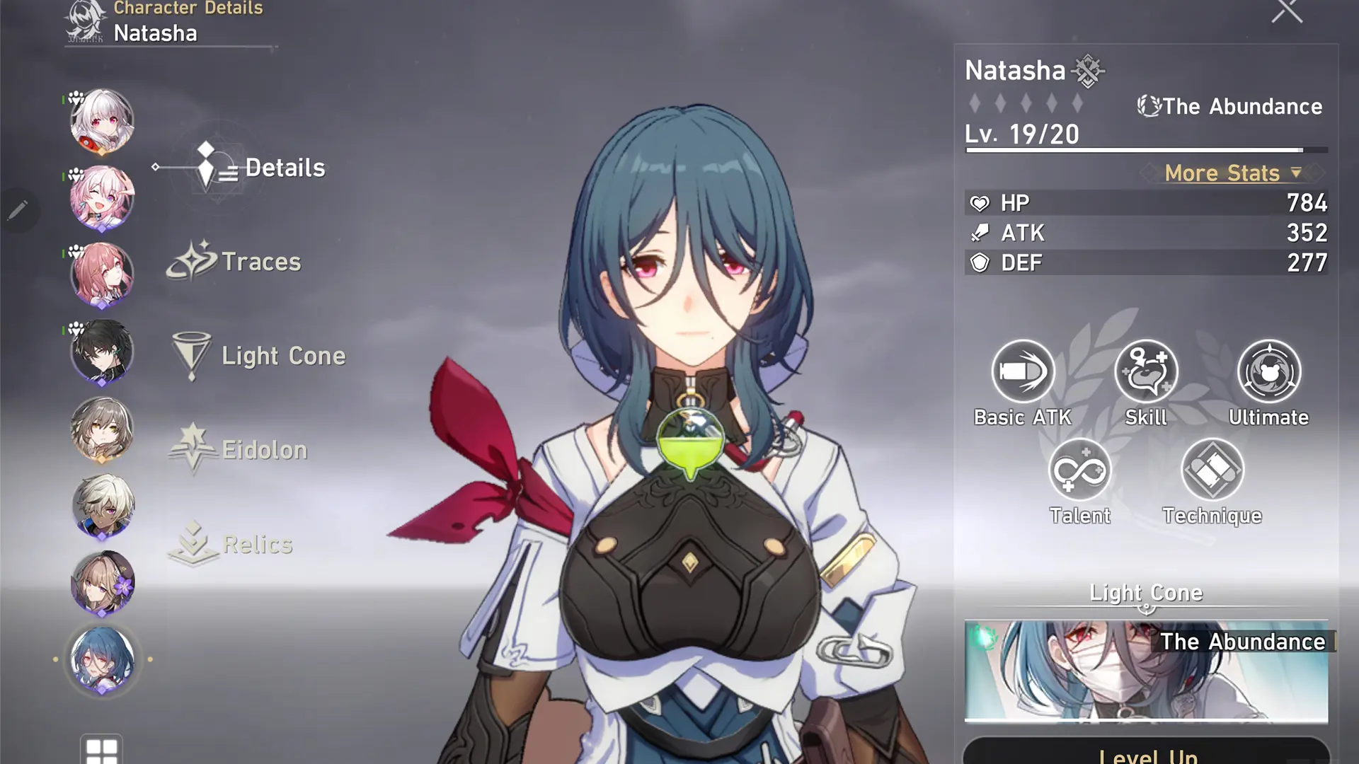 Natasha from Honkai: Star Rail in a menus detailing her stats