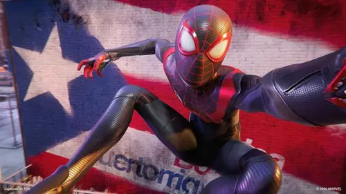 Miles Morales poses in front of the Puerto Rico flag in Spider-Man: Miles Morales.