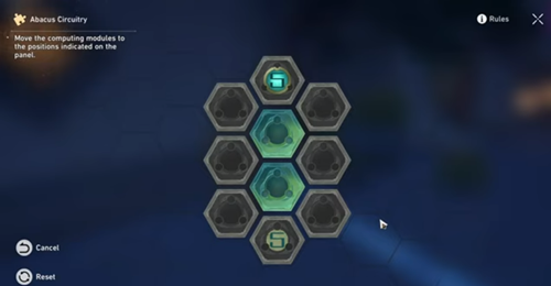 Image shows the Abacus Circuitry puzzle. It is made up of 10 hexagons. Two in the centre are green. One at the top and one at the bottom feature the letter S.