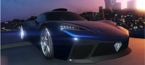 A sleek black supercar from GTA Online.