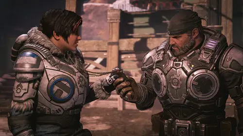 Gears 5 screenshot showing Kait Diaz and Marcus Fenix