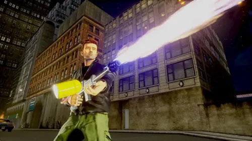 A man fires a flamethrower.