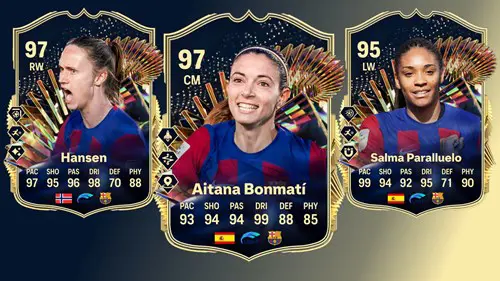 Image of three Liga F TOTS cards in EA FC 24