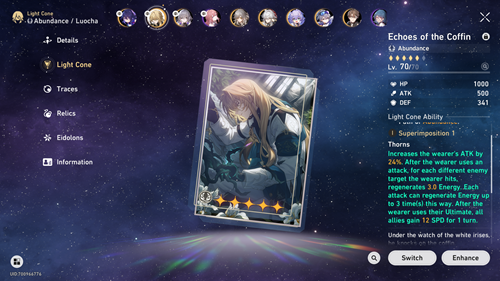 Screenshot showing Honkai Star Rail Luocha best light cone, Echoes of the Coffin