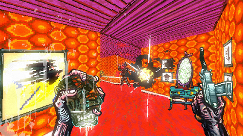 The player firing at an enemy in the first level of Post Void.