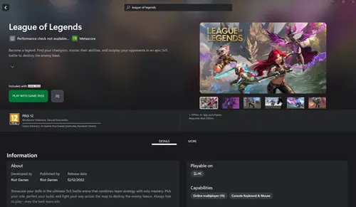 League of Legends viewed on the Xbox Game Pass page.