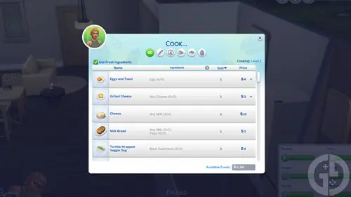 Screenshot of the new Sims 4 recipe menu