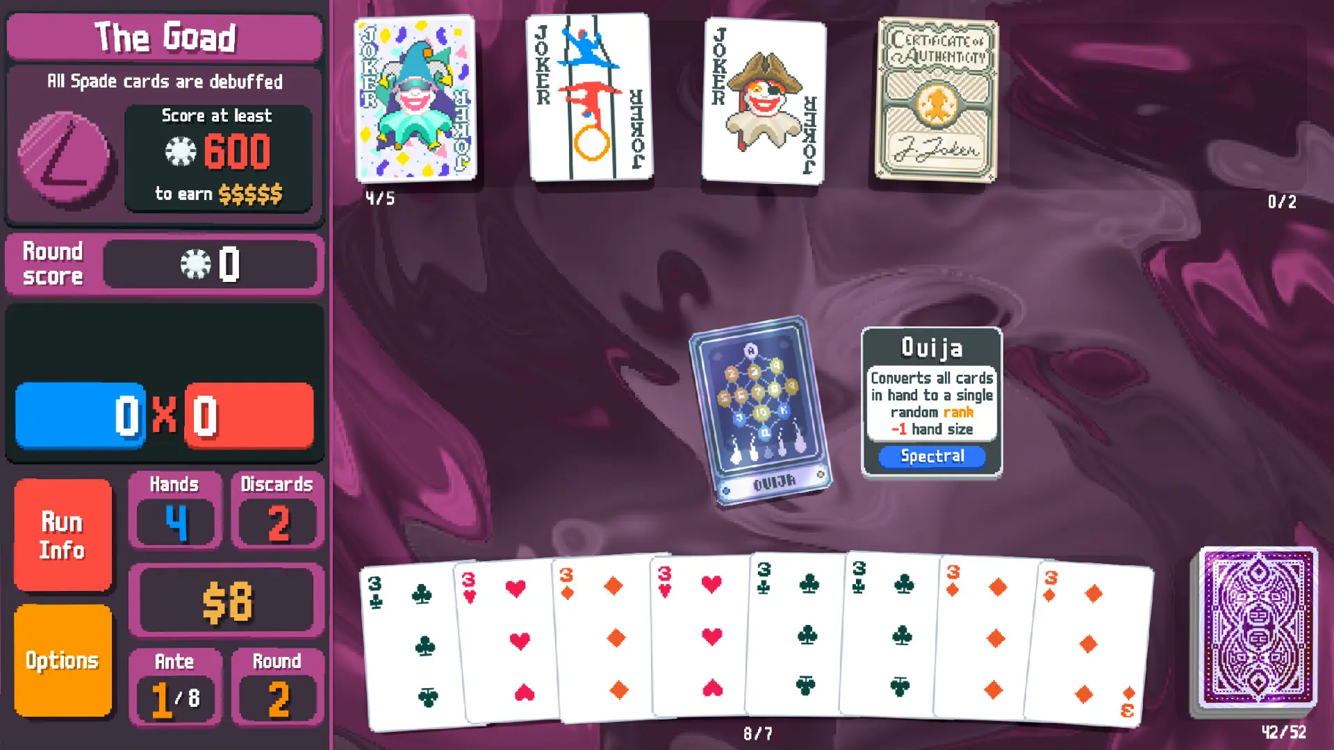 Balatro screenshot showing a hand of all threes