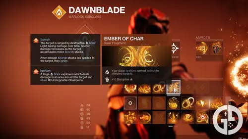 The solar subclass menu for the Warlock in Destiny 2