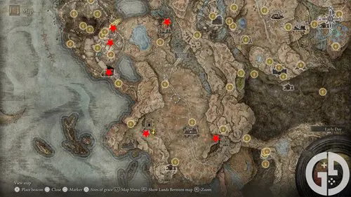 Map showing Gravesite Plain Revered Spirit Ash locations in Elden Ring Shadow of the Erdtree