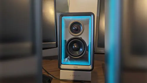 an Edifier QR65 speaker with LED lighting