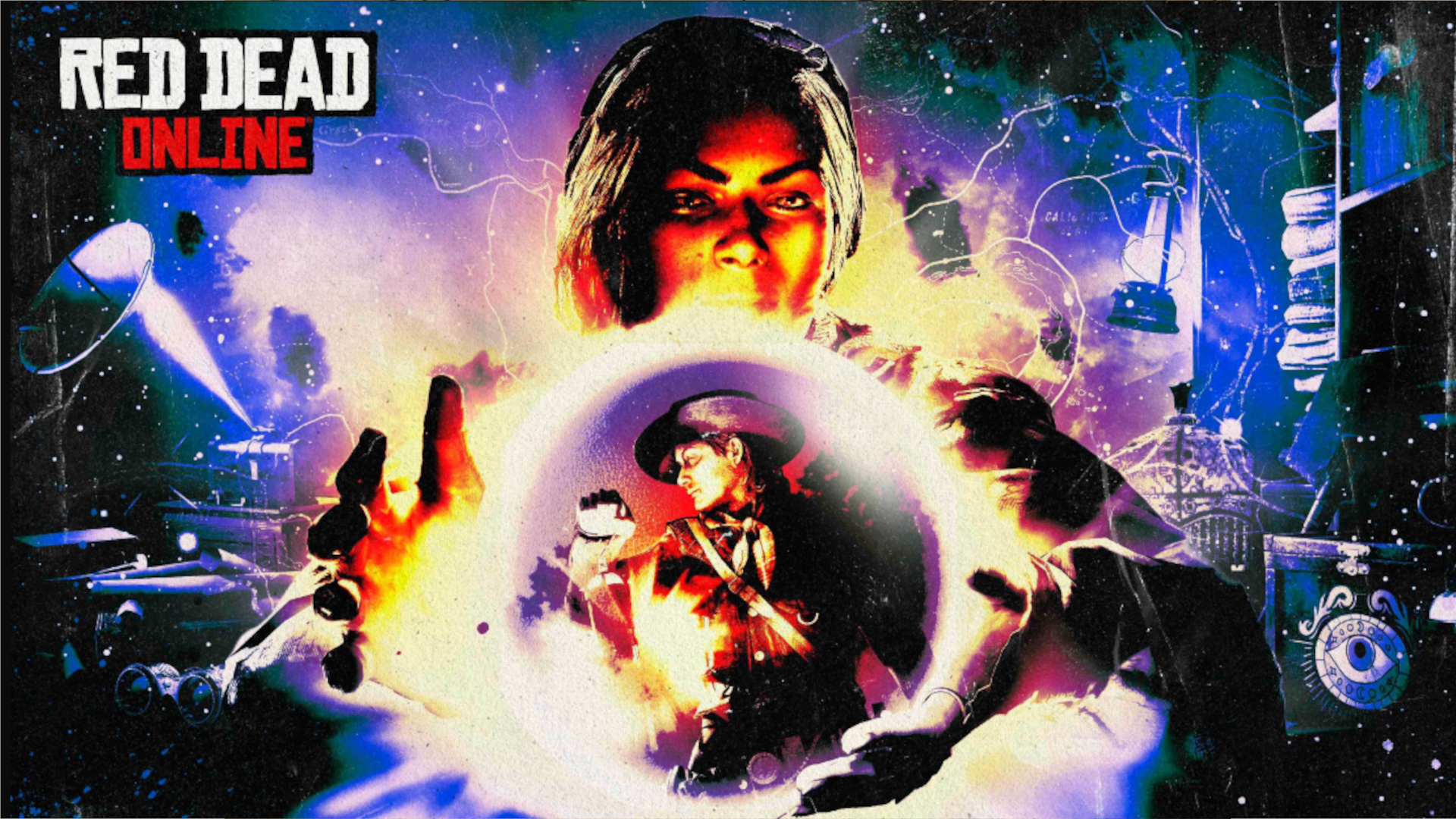 Key art from Red Dead Online featuring Madam Nazar and a crystal ball