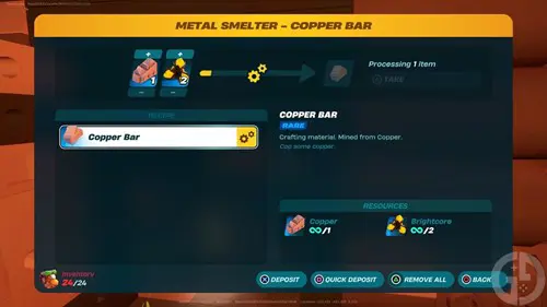 A Metal Smelter being used to process a Copper Bar in LEGO Fortnite