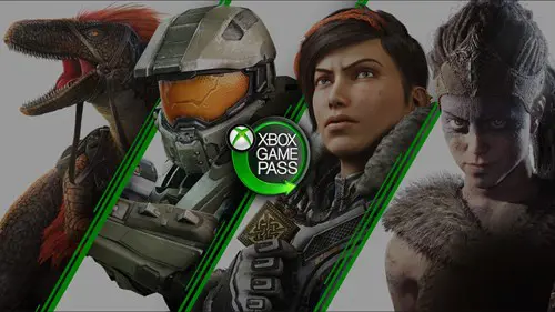 An Xbox Game Pass promo featuring characters from ARK, Halo Infinite, Gears 5 and Hellblade: Senua's Sacrifice.