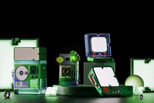 Promotional art featuring modified versions of classic tech, like arcade cabinets and cameras, for Kick.