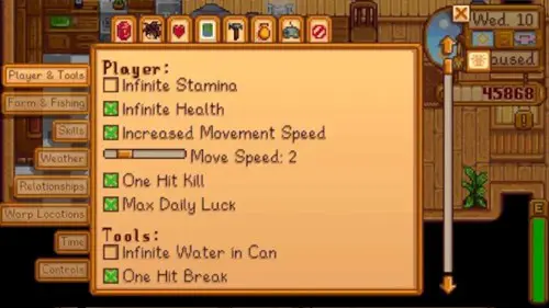 Image of the CBJ Cheats Menu mod in Stardew Valley