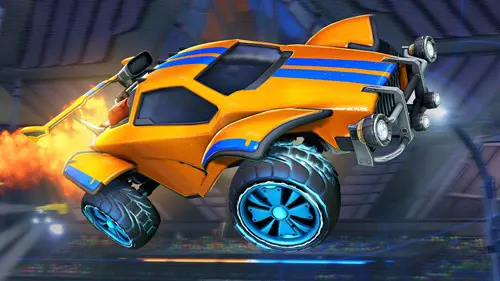 A Rocket League car boosting through the air