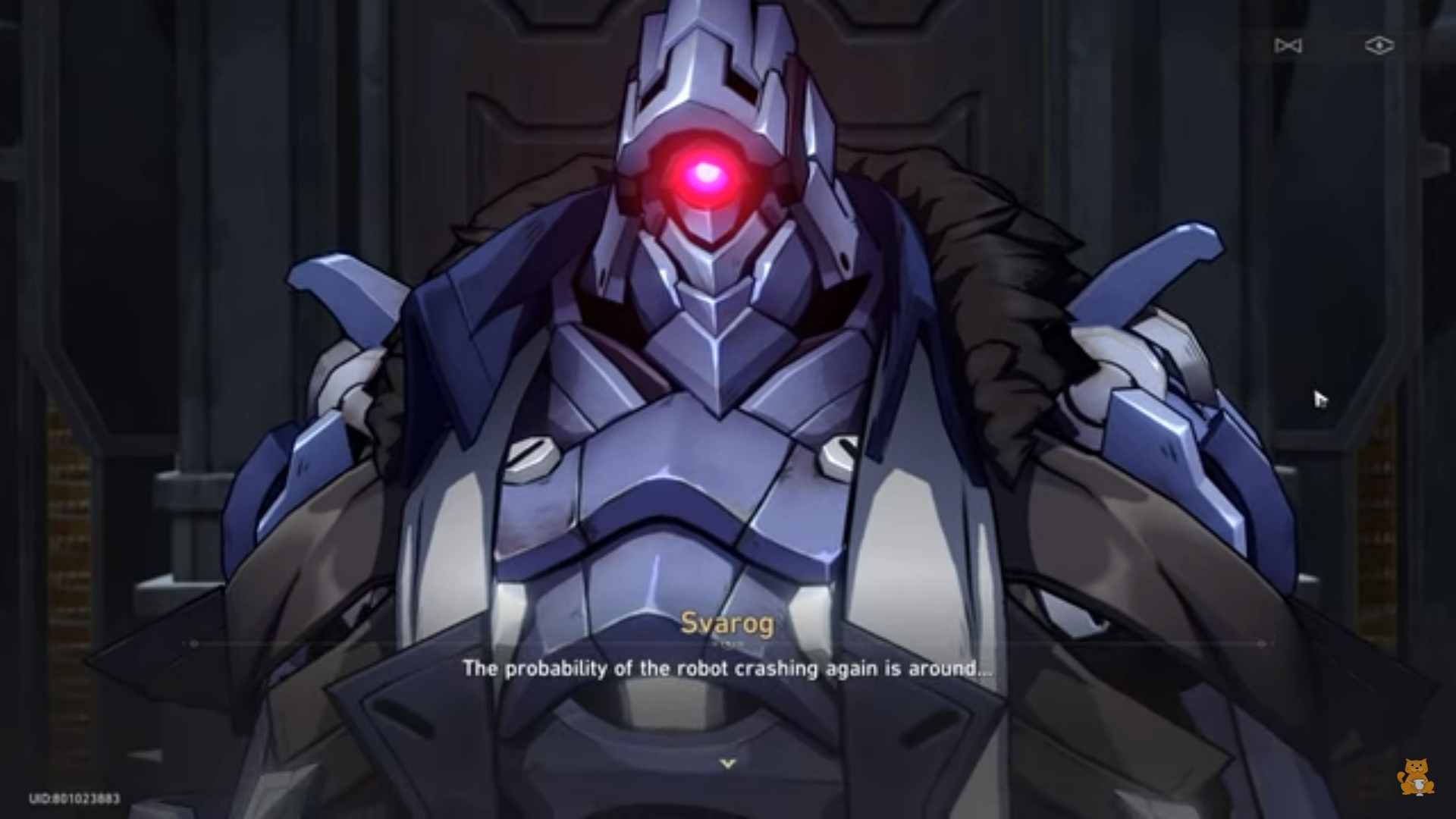 Image shows the robot character Svarog from Honkai: Star Rail. Subtitles say "The probability of the robot crashing again is around..."