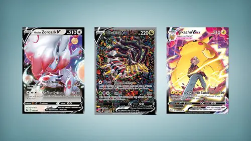 Hisuian Zoroark V, Giratina V and Pikachu VMAX from Lost Origin.