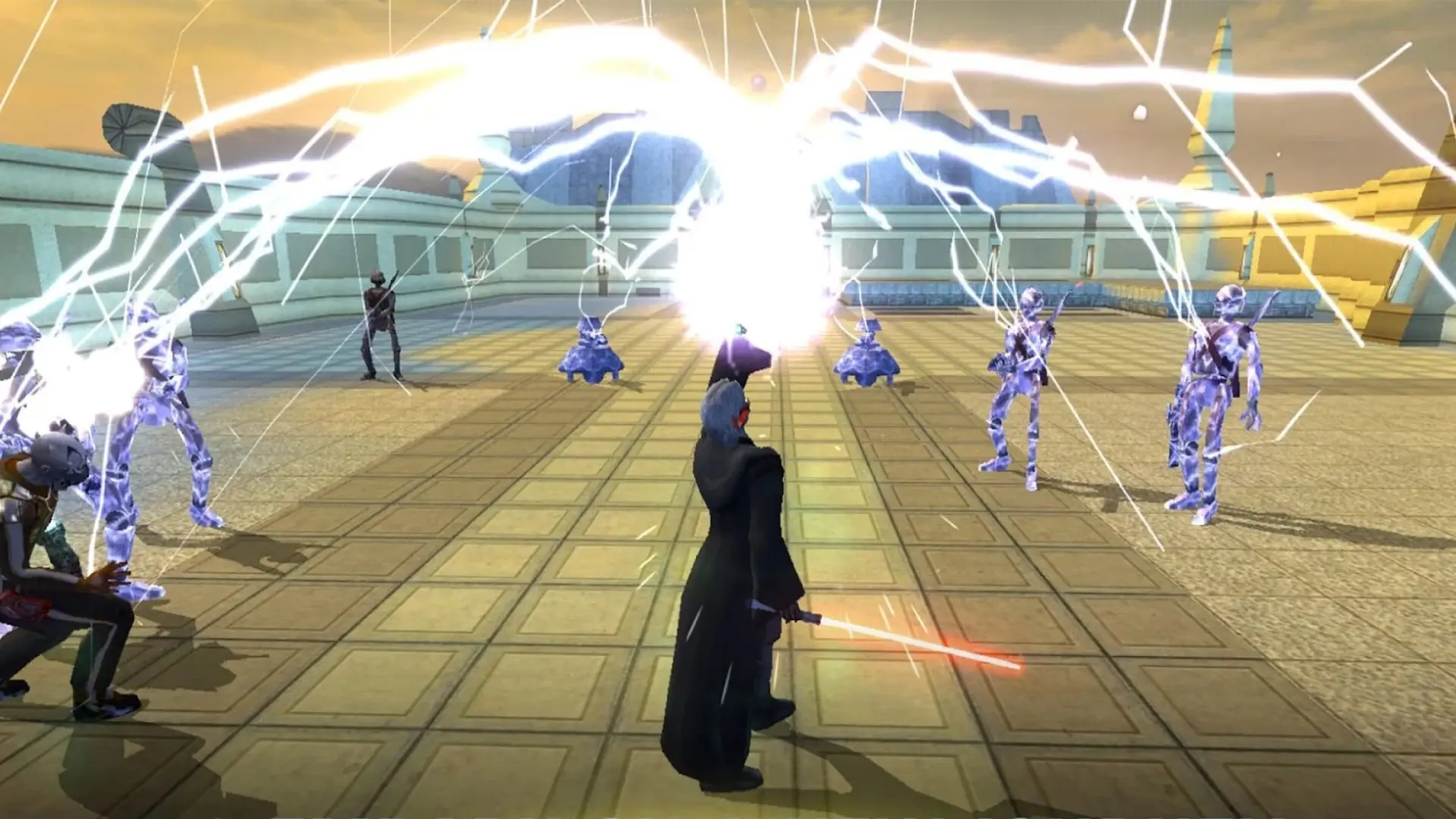 Screenshot featuring a character with a red lightsaber in KOTOR II, one of the best Star Wars games