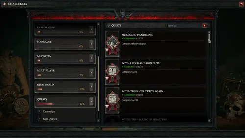 The Diablo 4 quests list in the Challenges menu