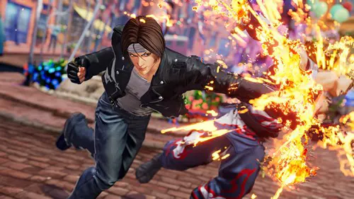 King of Fighters XV: Kyo delivering a fiery punch