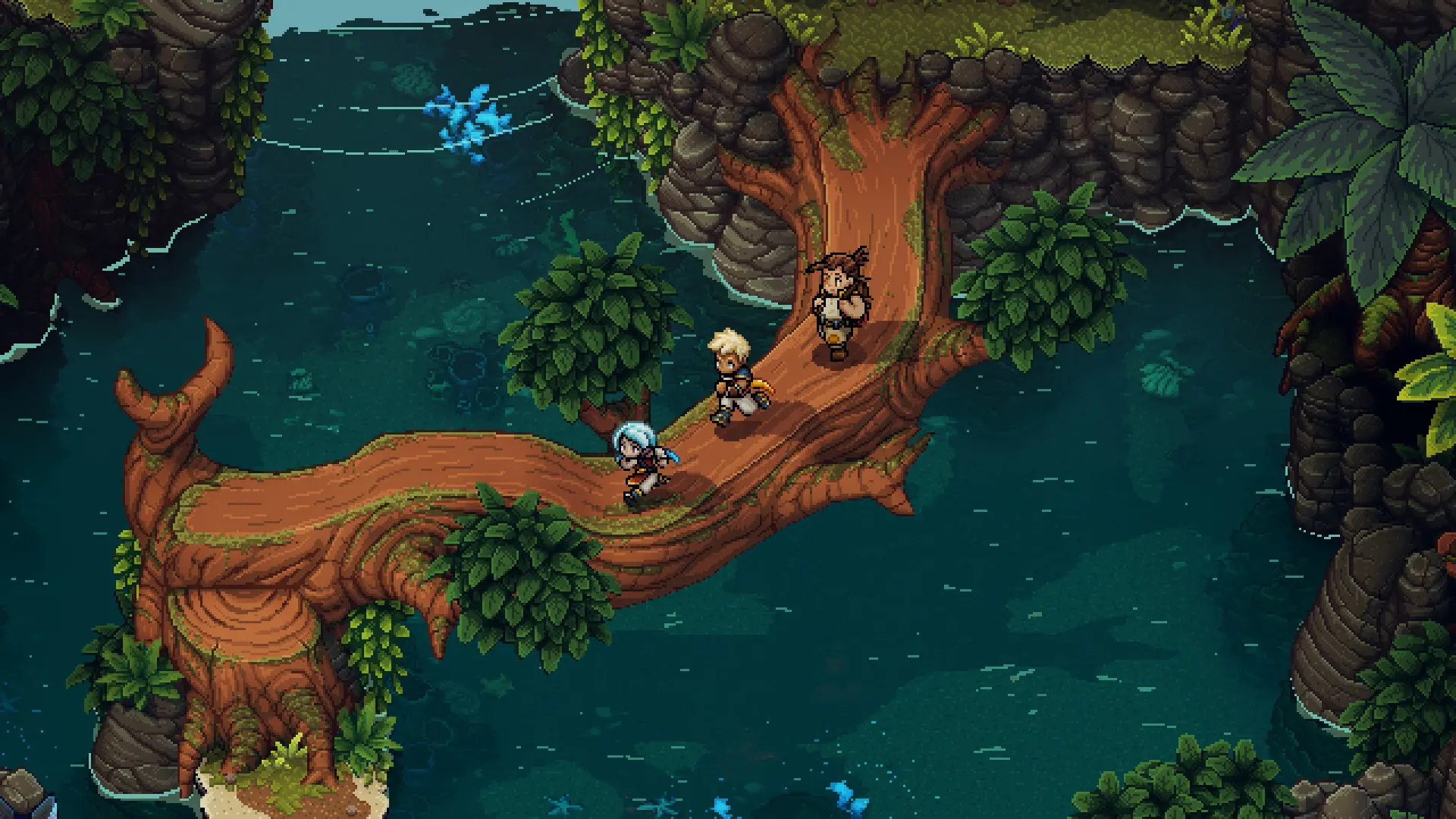 Image of characters crossing a log bridge in Sea of Stars