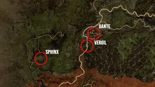 A map of the area showing the locations of the Sphinx, Dante, and Vergil in Dragon's Dogma 2