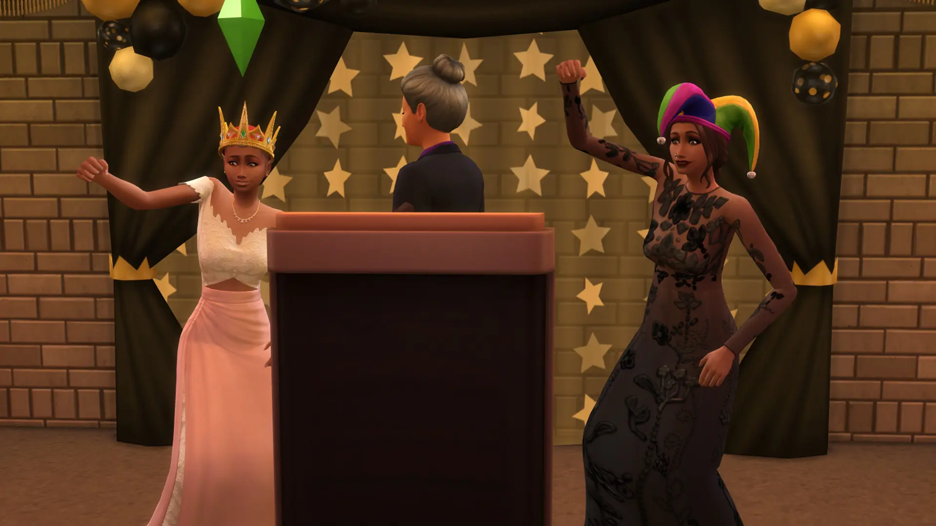 Sims wearing a jester hat and a crown during prom in The Sims 4