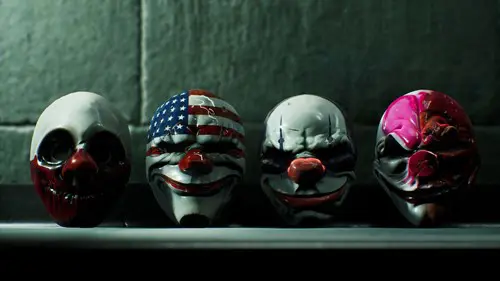 The masks of the four original characters (Wold, Dallas, Chains and Hoxton) in PAYDAY 3